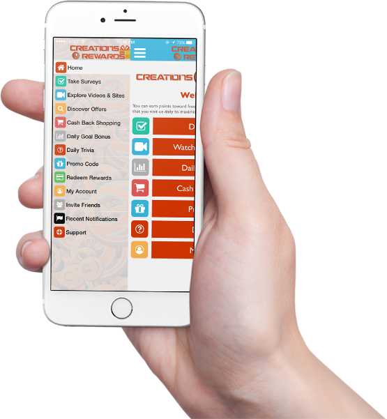 CreationsRewards Mobile App Menu